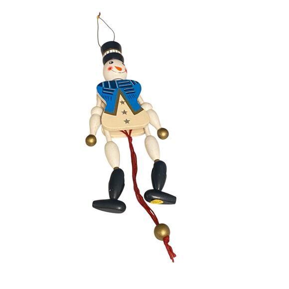 Vintage Pull Toy Christmas 7 1/2" Tall Moving Arms Legs Snowman Wooden Ornament - Picture 7 of 9